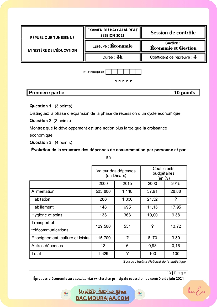 Corrigé controle eco Bac 2021 – Section eco